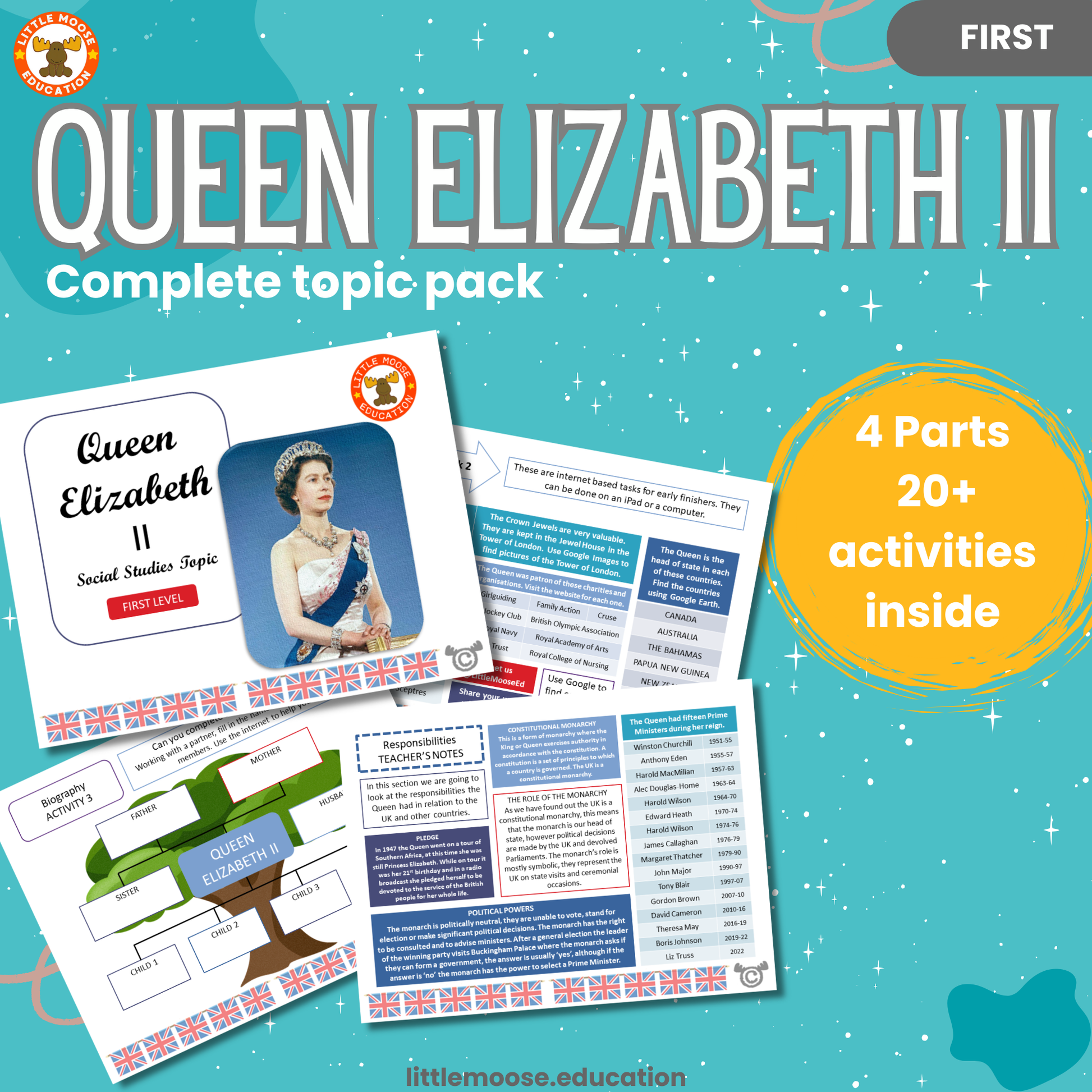 Queen Elizabeth II complete digital topic pack for Social Studies at First Level, Curriculum for Excellence history and culture education resource, with illustrated cover design and sample activity pages showing activities, teacher’s notes, assessments, and extension tasks.