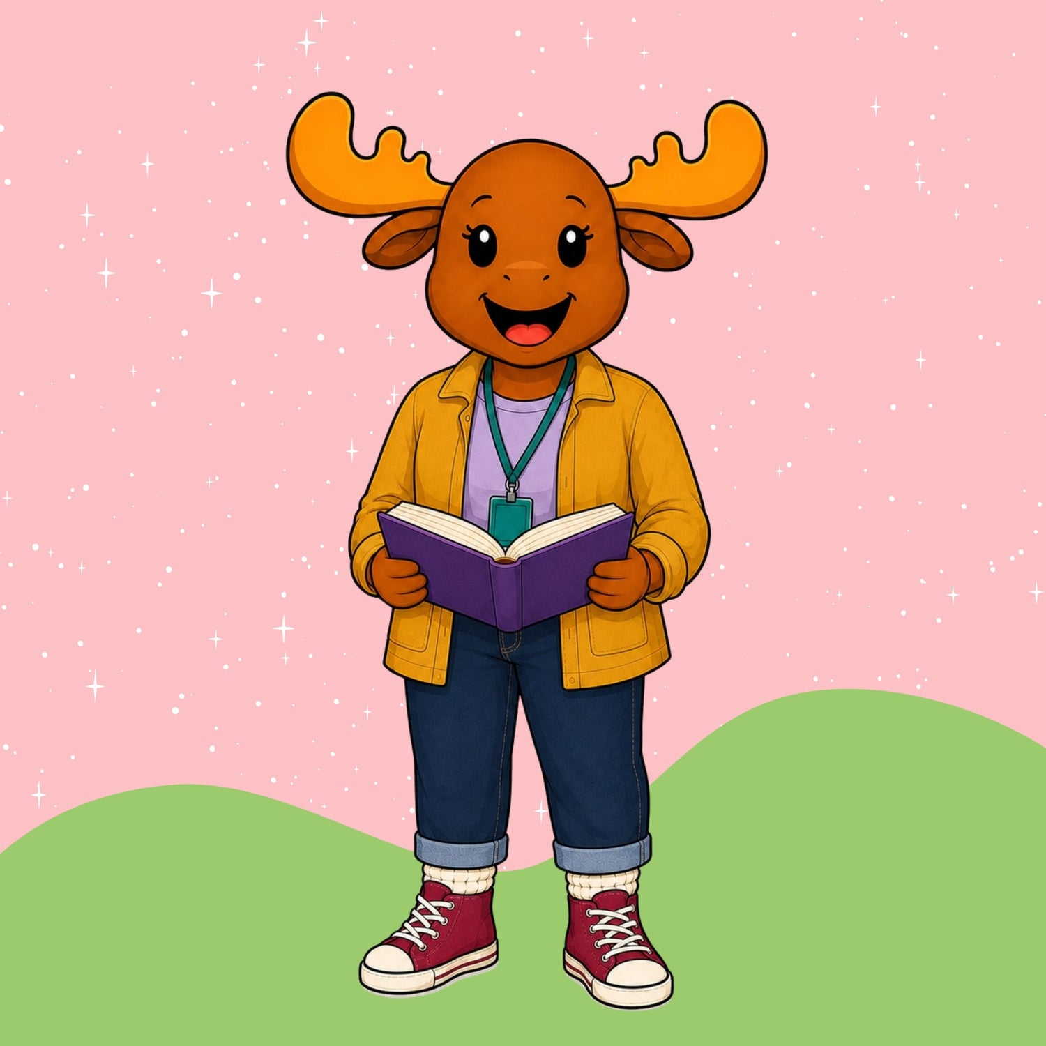 A cartoon moose teacher with orange antlers stands on a green hill against a pink starry background, wearing a yellow jacket, blue pants, red sneakers, and holding an open purple book.