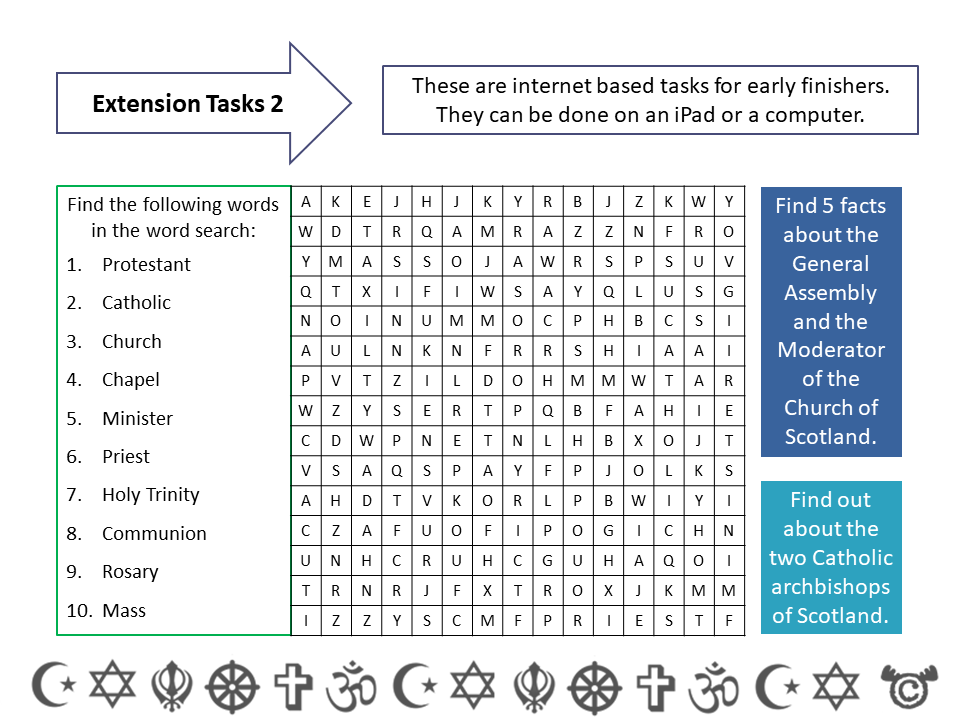 Extension tasks from Religion in Scotland RME pack, Second Level