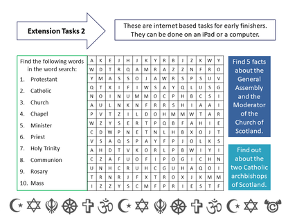 Extension tasks from Religion in Scotland RME pack, Second Level