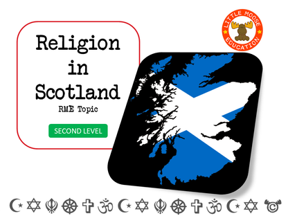 Religion in Scotland digital topic pack front cover, RME Second Level, Curriculum for Excellence