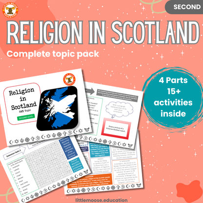 Religion in Scotland complete digital topic pack for RME at Second Level, Curriculum for Excellence religion education resource, with illustrated cover design and sample activity pages showing activities, stories, teacher’s notes, assessments, extension tasks, and outcomes.