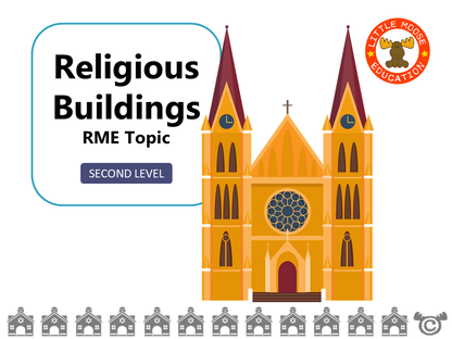 Religious Buildings digital topic pack front cover, RME Second Level, Curriculum for Excellence