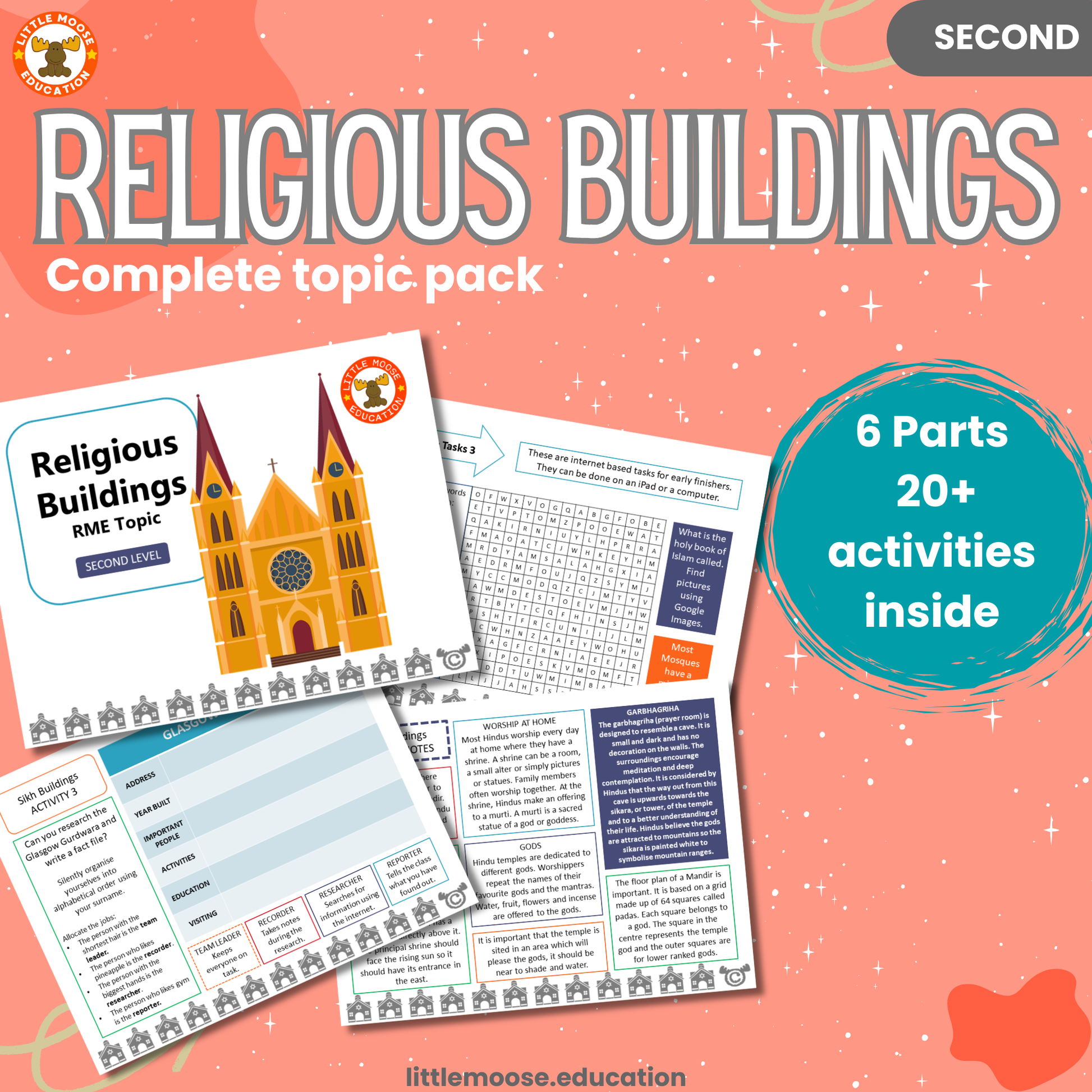 Religious Buildings complete digital topic pack for RME at Second Level, Curriculum for Excellence religion education resource, with illustrated cover design and sample activity pages showing activities, stories, teacher’s notes, assessments, extension tasks, and outcomes.