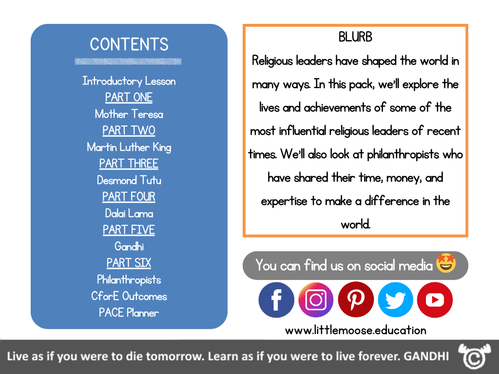 Contents page from Religious Leaders RME pack at Second Level