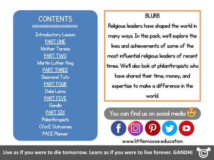 Contents page from Religious Leaders RME pack at Second Level