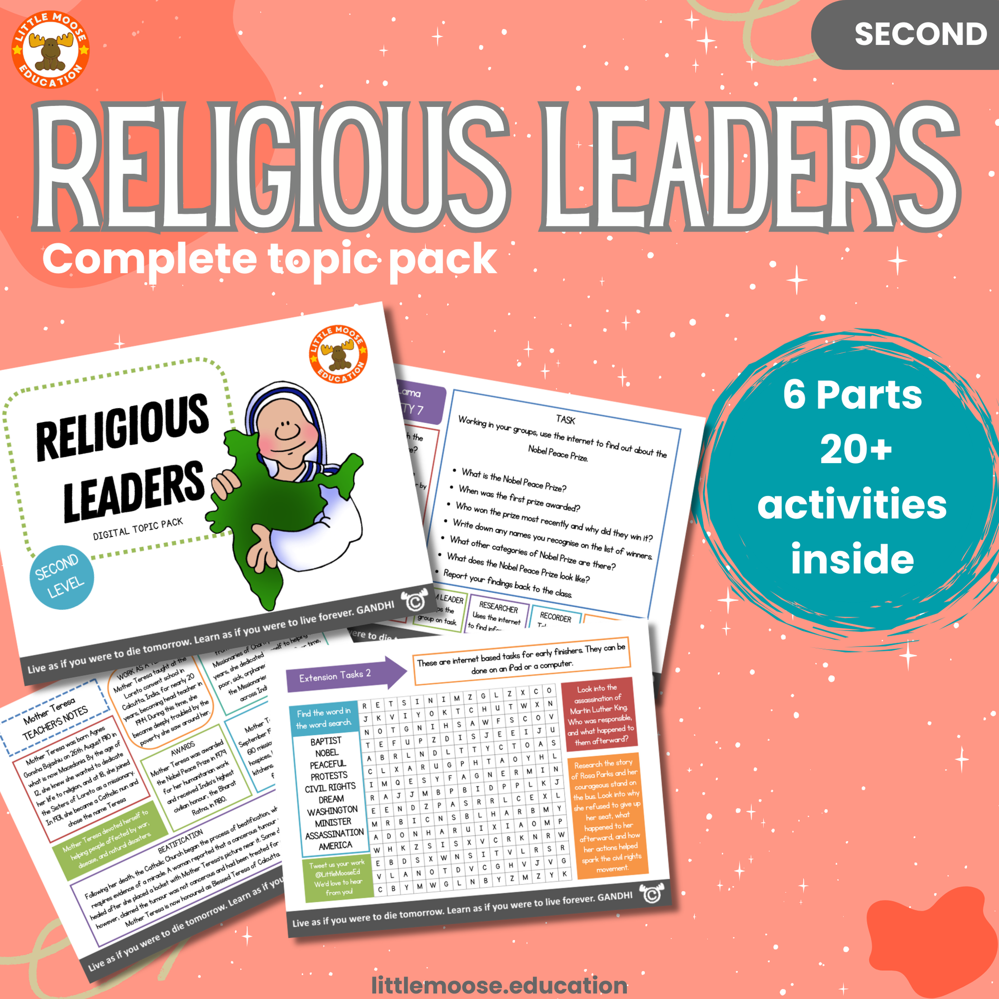 Religious Leaders complete digital topic pack for RME at Second Level, Curriculum for Excellence religion education resource, with illustrated cover design and sample activity pages showing activities, stories, teacher’s notes, assessments, extension tasks, and outcomes.