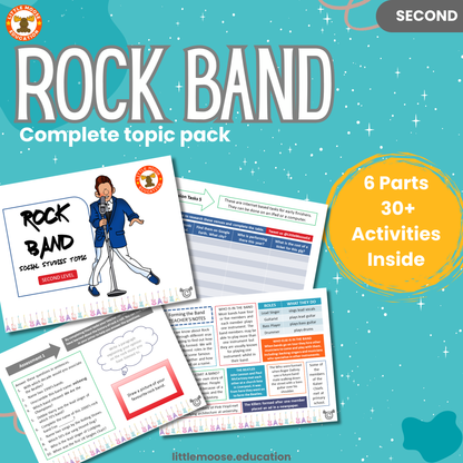 Rock Band complete digital topic pack for Social Studies at Second Level, Curriculum for Excellence history, music and culture education resource, with illustrated cover design and sample activity pages showing activities, teacher’s notes, assessments, and extension tasks.