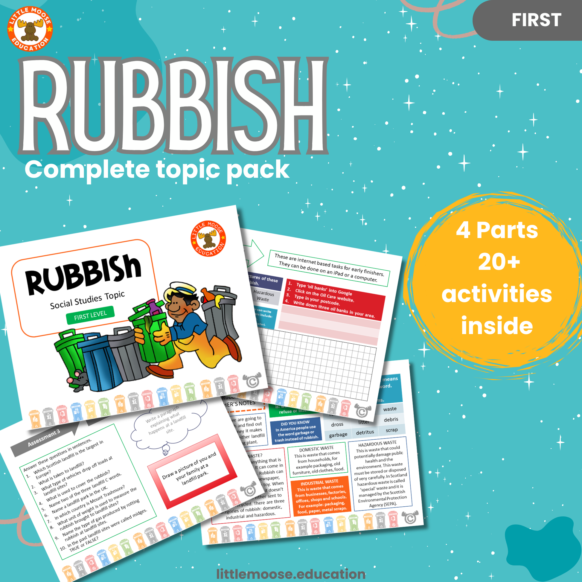 Rubbish complete digital topic pack for Social Studies at First Level, Curriculum for Excellence environment education resource, with illustrated cover design and sample activity pages showing activities, teacher’s notes, assessments, and extension tasks.