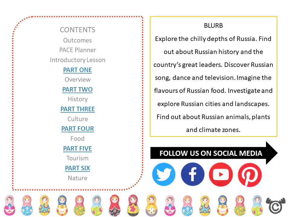 Contents page from Russia Social Studies pack at Second Level