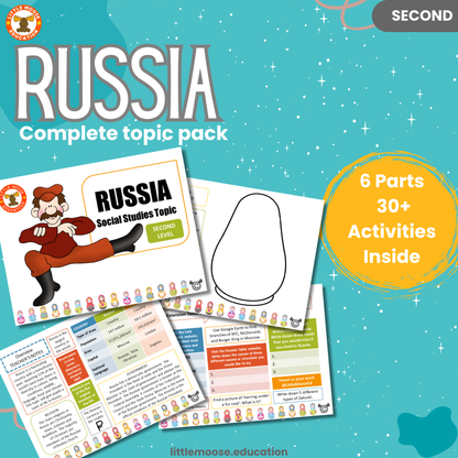 Russia complete digital topic pack for Social Studies at Second Level, Curriculum for Excellence history and geography education resource, with illustrated cover design and sample activity pages showing activities, teacher’s notes, assessments, and extension tasks.