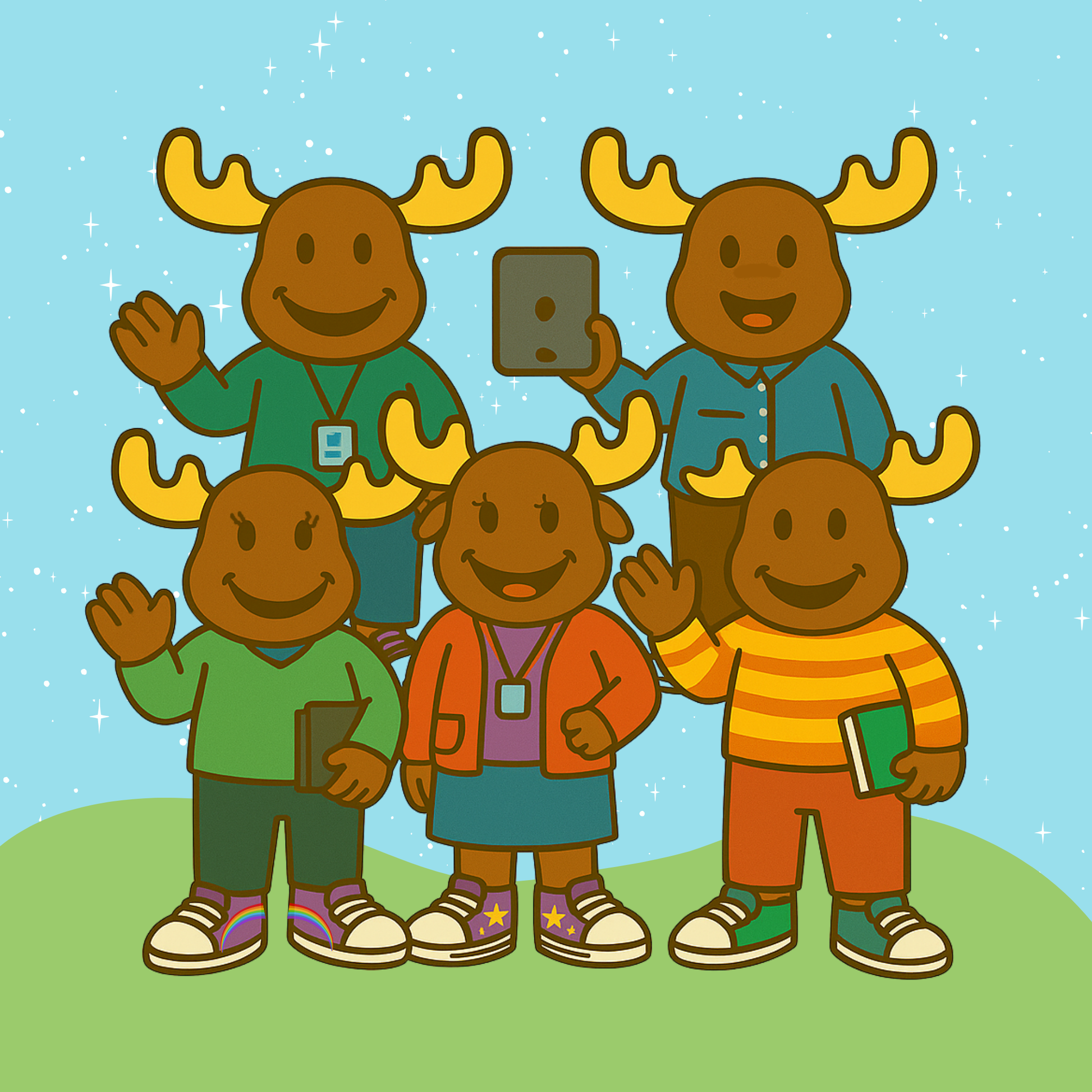 Illustration of five moose characters standing together, each dressed as a teacher, waving and smiling. Some hold books or a tablet, representing a whole school staff team.