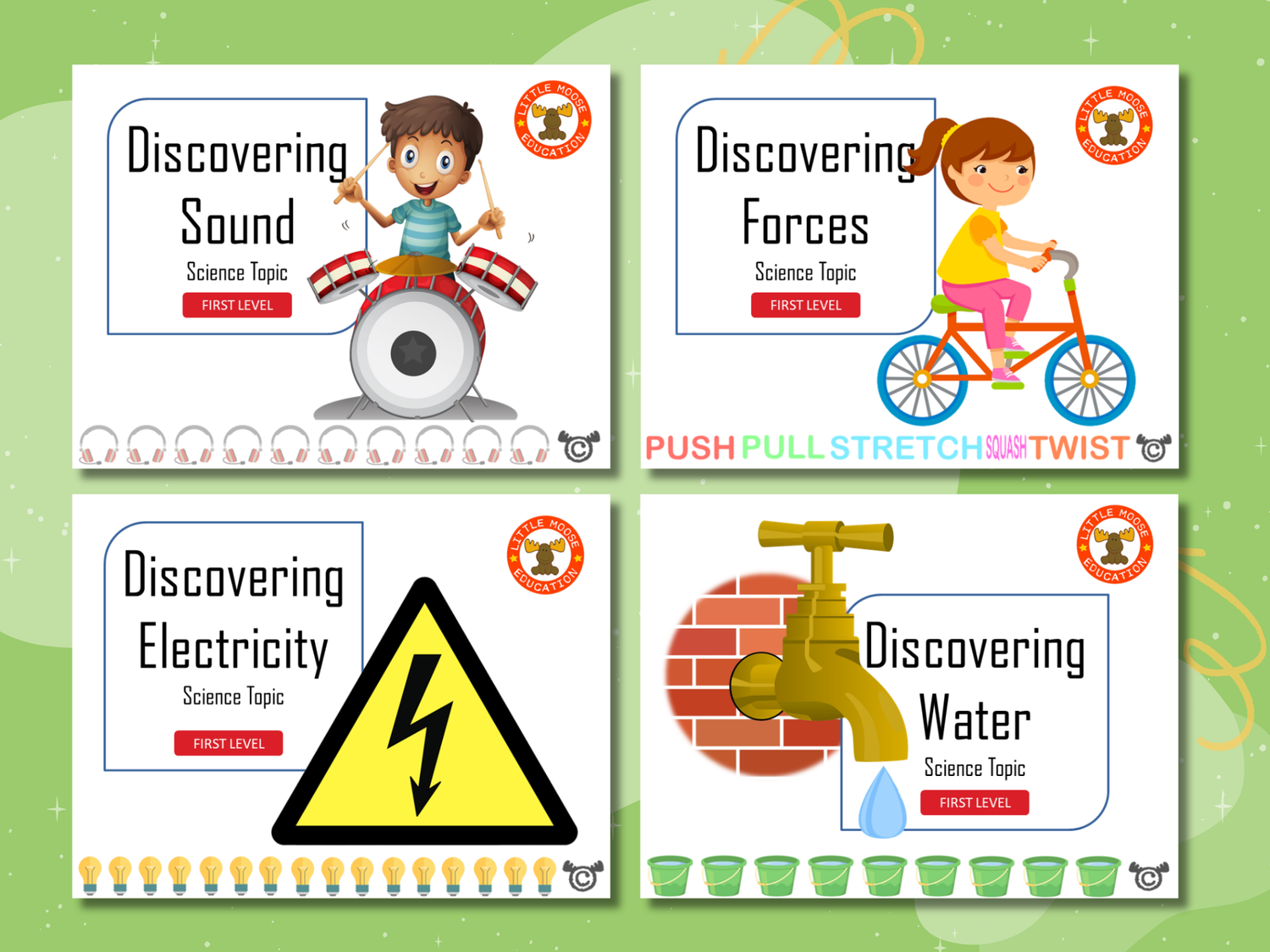 Science First Level digital topic pack collection graphic showing examples of covers such as Discovering Forces, Discovering Plants and Animals, and Discovering Sound, fully aligned with Scotland’s Curriculum for Excellence.