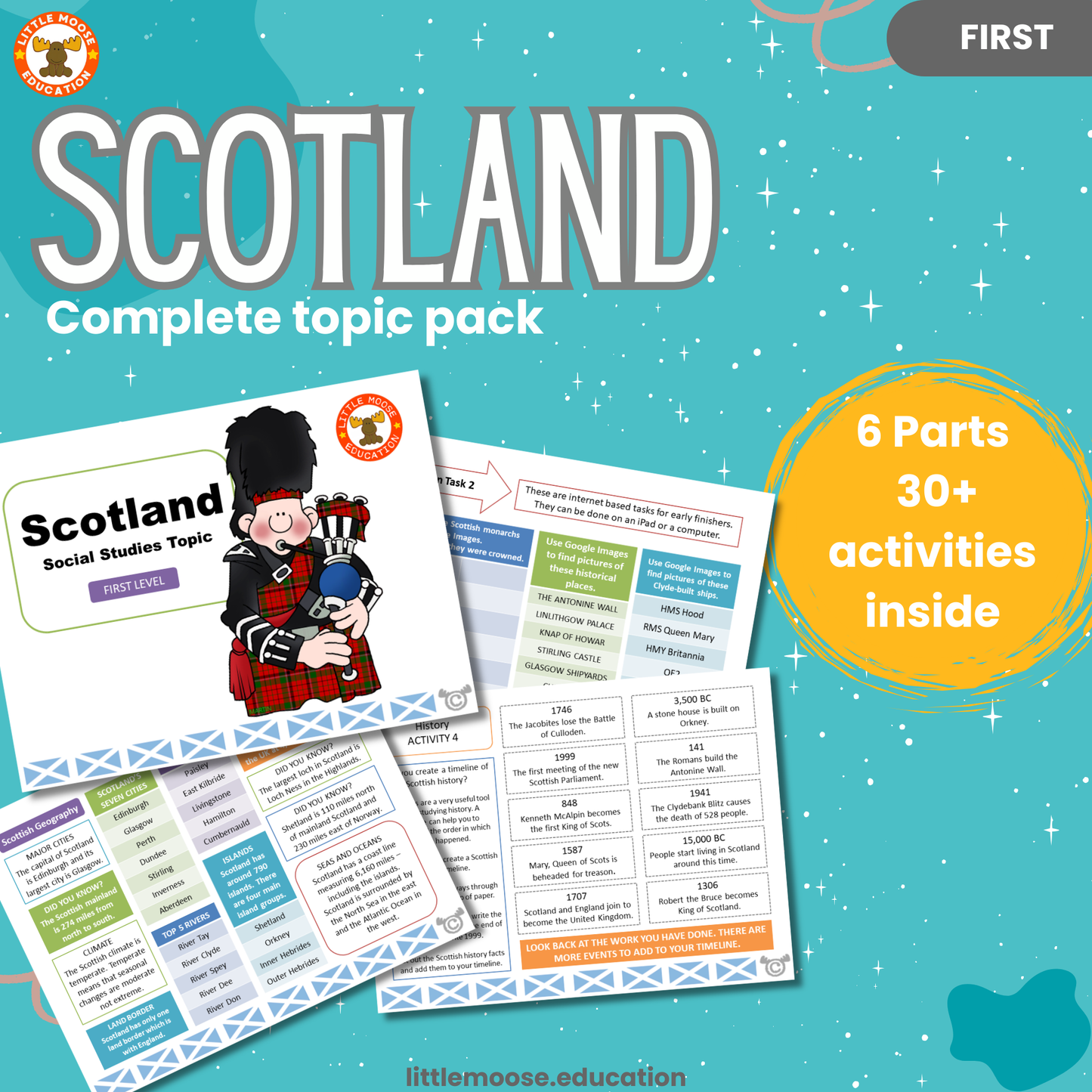 Scotland complete digital topic pack for Social Studies at First Level, Curriculum for Excellence geography and culture education resource, with illustrated cover design and sample activity pages showing activities, teacher’s notes, assessments, and extension tasks.