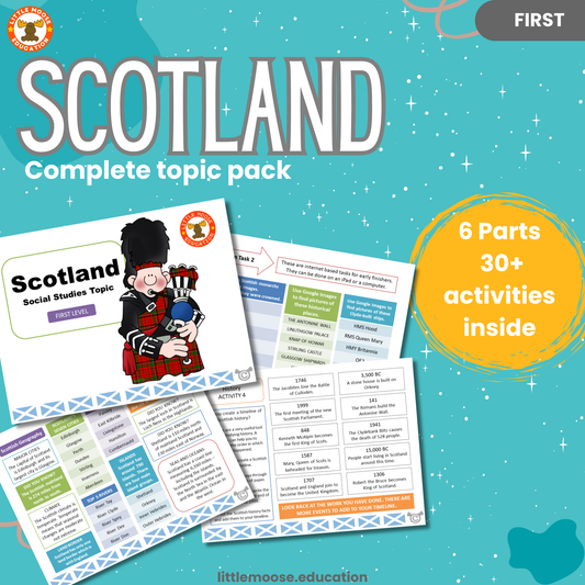 Scotland complete digital topic pack for Social Studies at First Level, Curriculum for Excellence geography and culture education resource, with illustrated cover design and sample activity pages showing activities, teacher’s notes, assessments, and extension tasks.