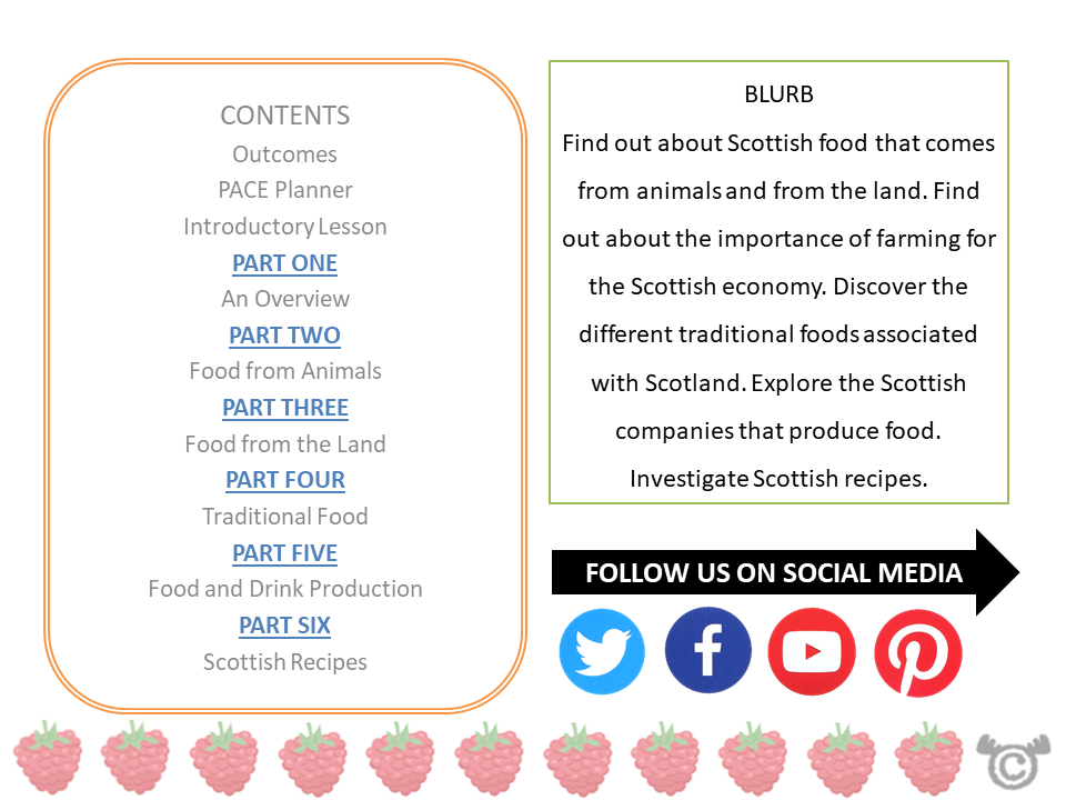 Contents page from Scottish Food Social Studies pack at First Level