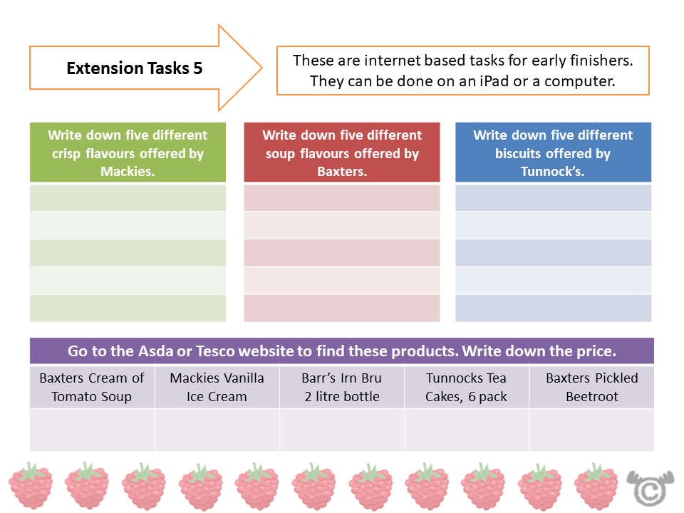Extension tasks from Scottish Food Social Studies pack, First Level