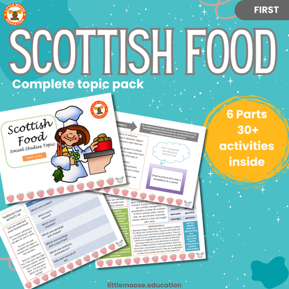 Scottish Food complete digital topic pack for Social Studies at First Level, Curriculum for Excellence food and heritage education resource, with illustrated cover design and sample activity pages showing activities, teacher’s notes, assessments, and extension tasks.