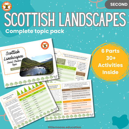 Scottish Landscapes complete digital topic pack for Social Studies at Second Level, Curriculum for Excellence geography education resource, with illustrated cover design and sample activity pages showing activities, teacher’s notes, assessments, and extension tasks.