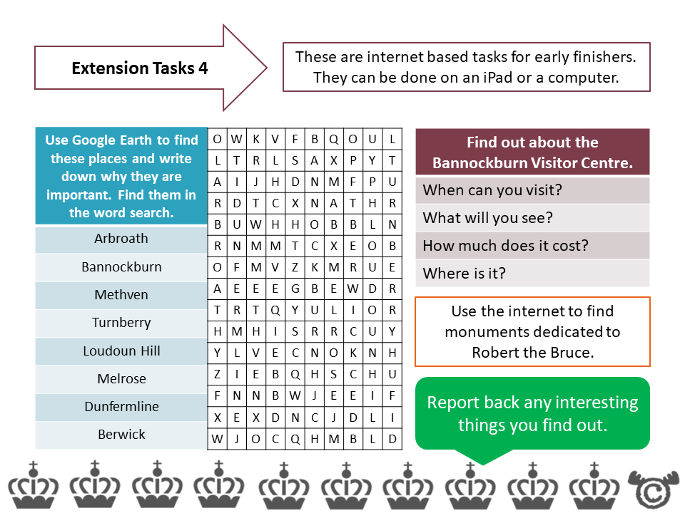Extension tasks from Scottish Wars of Independence Social Studies pack, Second Level