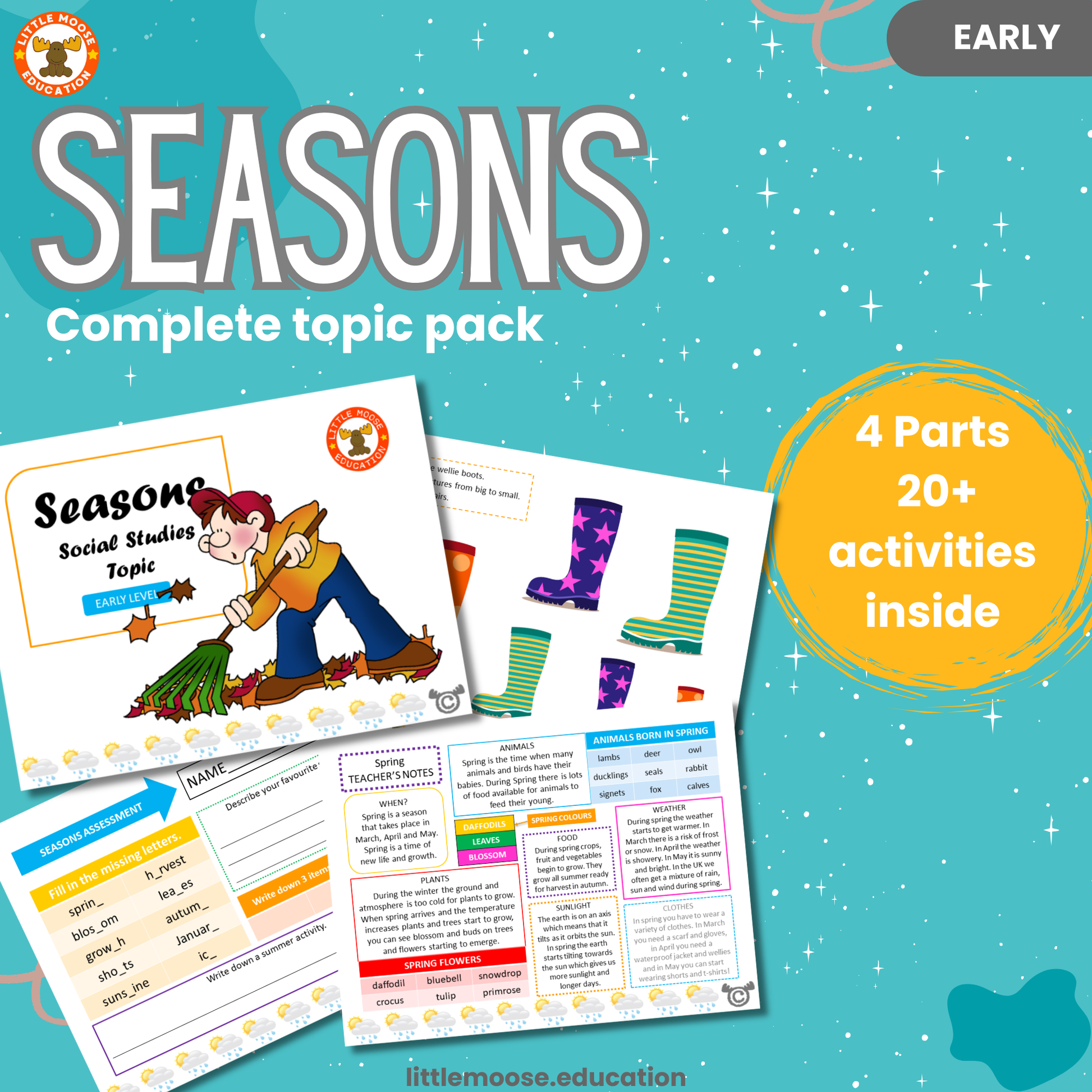 Seasons complete digital topic pack for Social Studies at Early Level, Curriculum for Excellence weather education resource, with illustrated cover design and sample activity pages showing sorting, drawing, matching, handwriting, teacher’s notes, assessment, and wordsearch.
