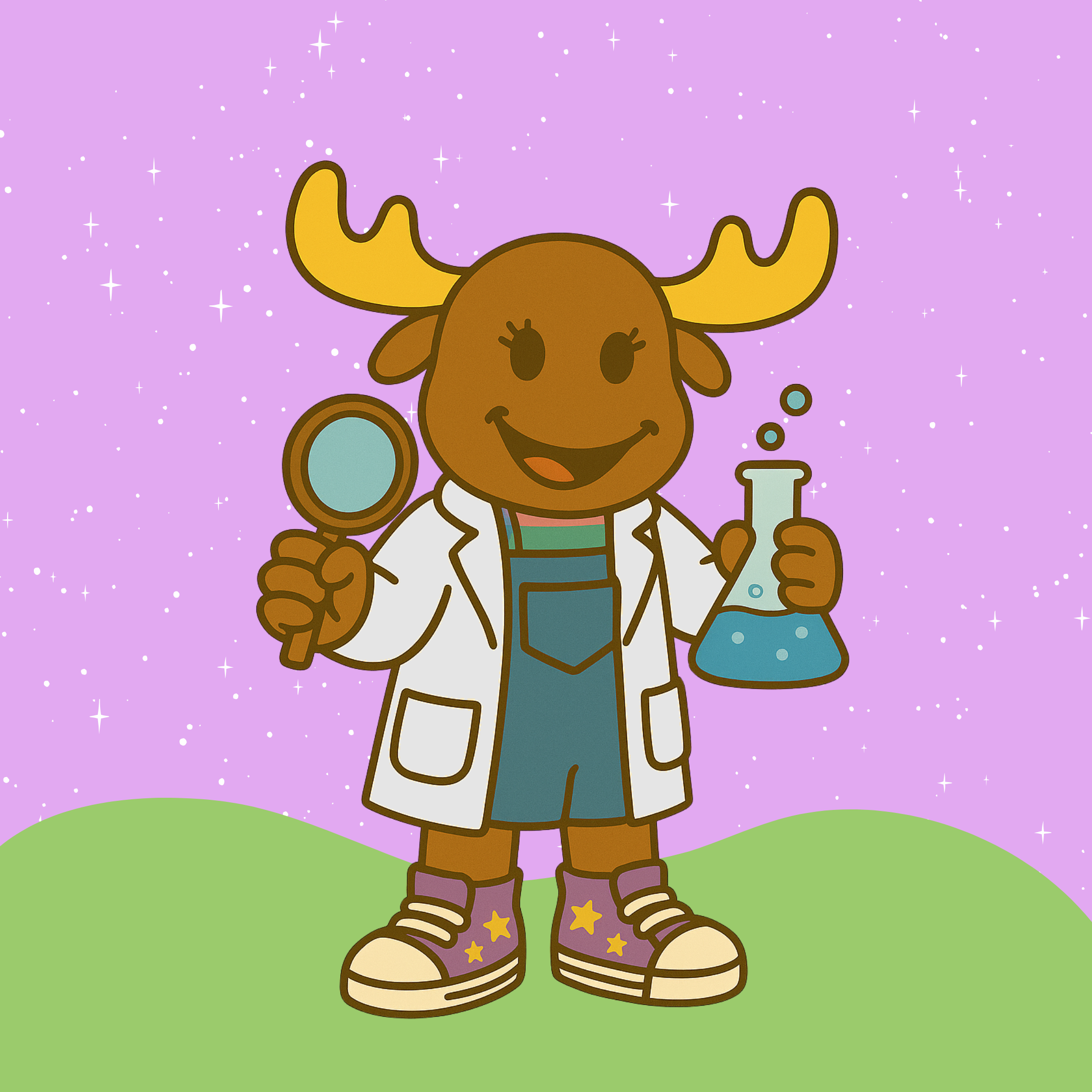 Macy the Moose dressed as a scientist with a magnifying glass and flask, representing hands-on learning at second level.