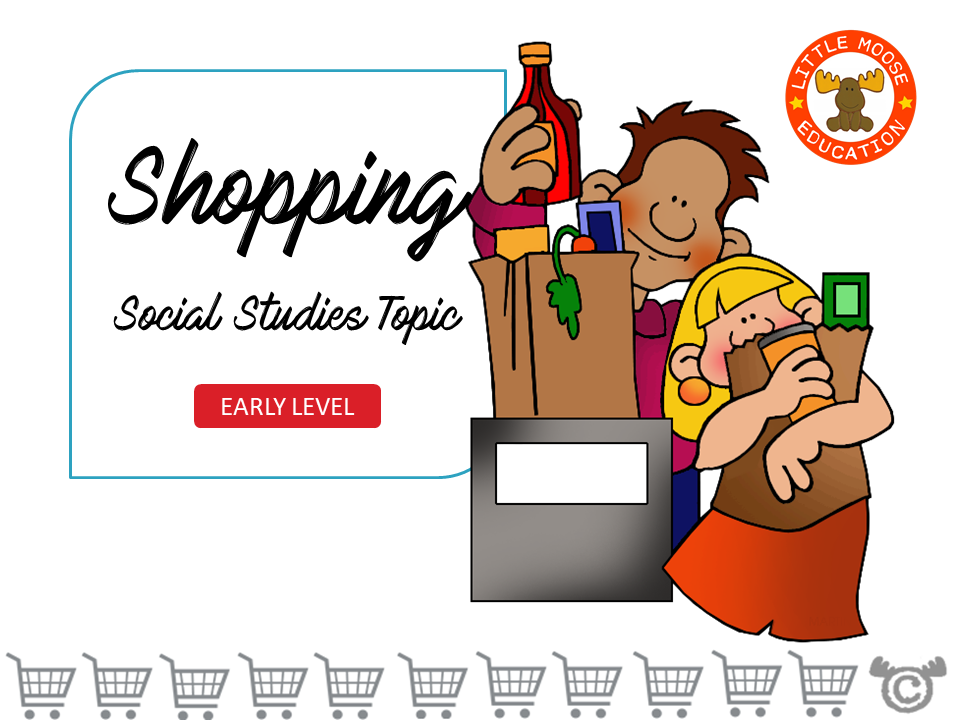 Shopping digital topic pack front cover, Social Studies Early Level, Curriculum for Excellence