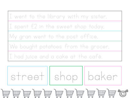 Handwriting activity from Shopping Social Studies pack, Early Level