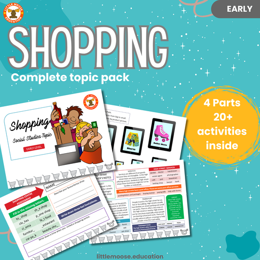 Shopping complete digital topic pack for Social Studies at Early Level, Curriculum for Excellence society education resource, with illustrated cover design and sample activity pages showing sorting, drawing, matching, handwriting, teacher’s notes, assessment, and wordsearch.
