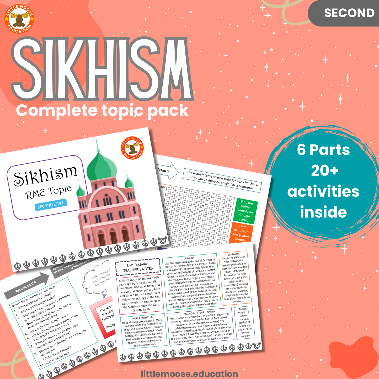 Sikhism complete digital topic pack for RME at Second Level, Curriculum for Excellence religion education resource, with illustrated cover design and sample activity pages showing activities, stories, teacher’s notes, assessments, extension tasks, and outcomes.