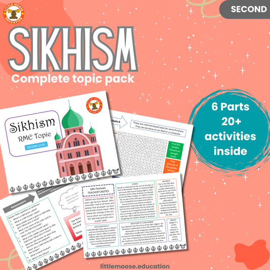 Sikhism complete digital topic pack for RME at Second Level, Curriculum for Excellence religion education resource, with illustrated cover design and sample activity pages showing activities, stories, teacher’s notes, assessments, extension tasks, and outcomes.