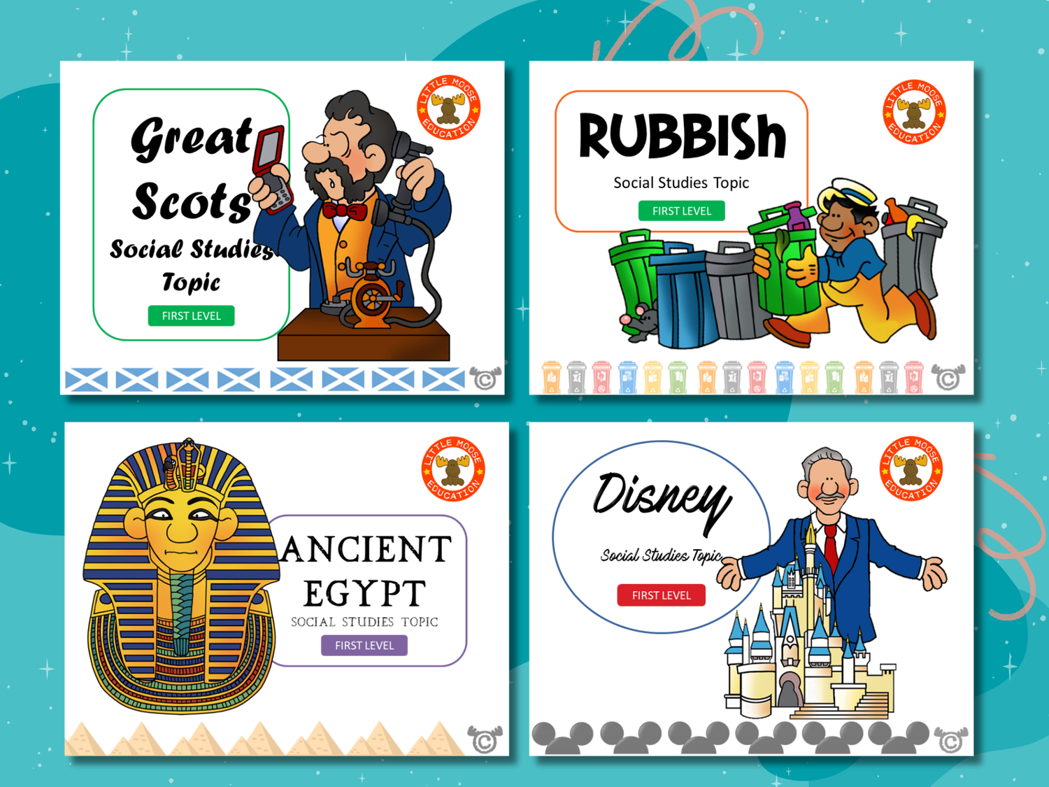 Social Studies First Level digital topic pack collection graphic showing examples of covers such as Ancient Egypt, Great Scots, and Scottish Food, fully aligned with Scotland’s Curriculum for Excellence.
