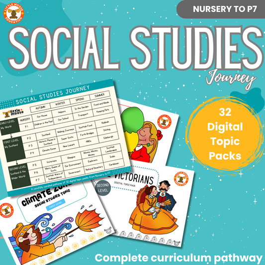 Social Studies Journey product card showing a complete Nursery to P7 curriculum pathway with 32 digital topic packs.