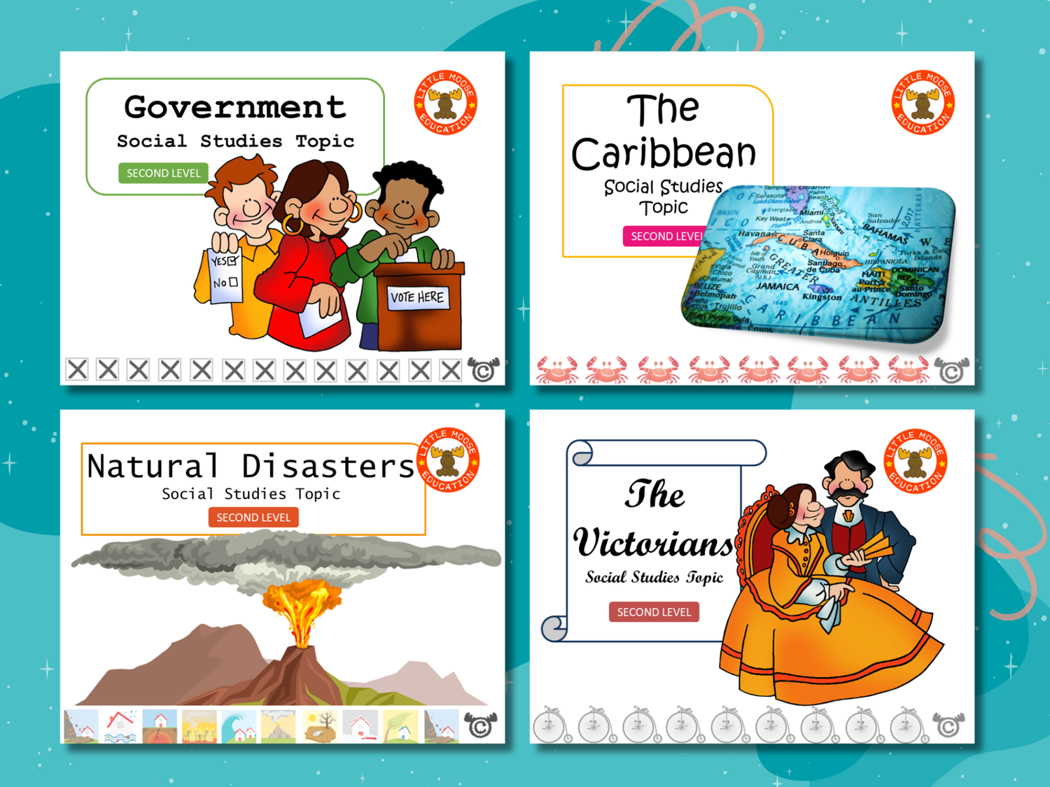Social Studies Second Level digital topic pack collection graphic showing examples of covers such as Africa, Victorians, and World War Two, fully aligned with Scotland’s Curriculum for Excellence.