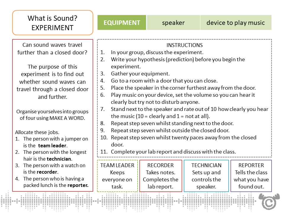 Experiment page from Sound Science pack, Second Level