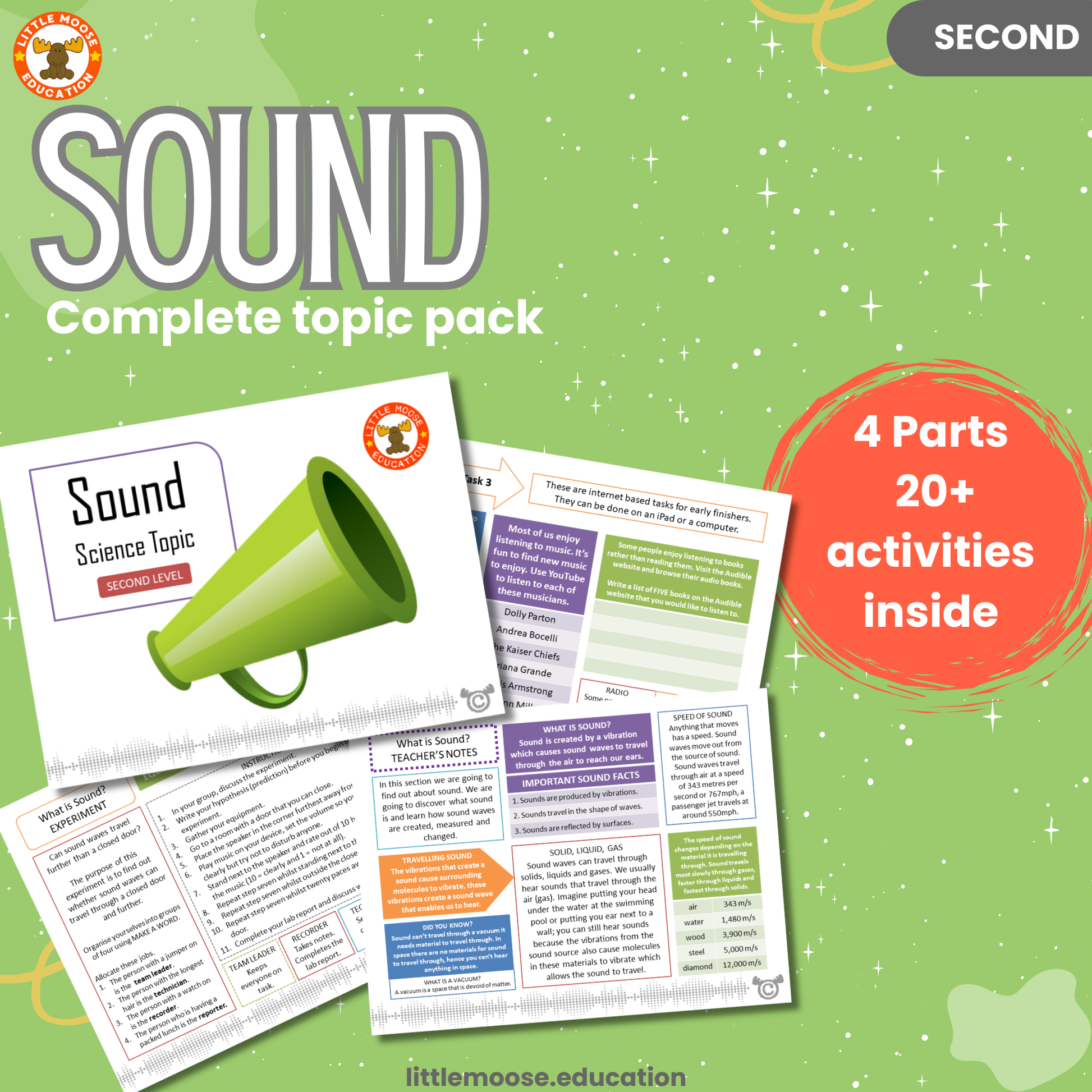Sound complete digital topic pack for Science at Second Level, Curriculum for Excellence physics  and STEM education resource, with illustrated cover design and sample activity pages showing experiments, activities, teacher’s notes, assessments, extension tasks, and outcomes.