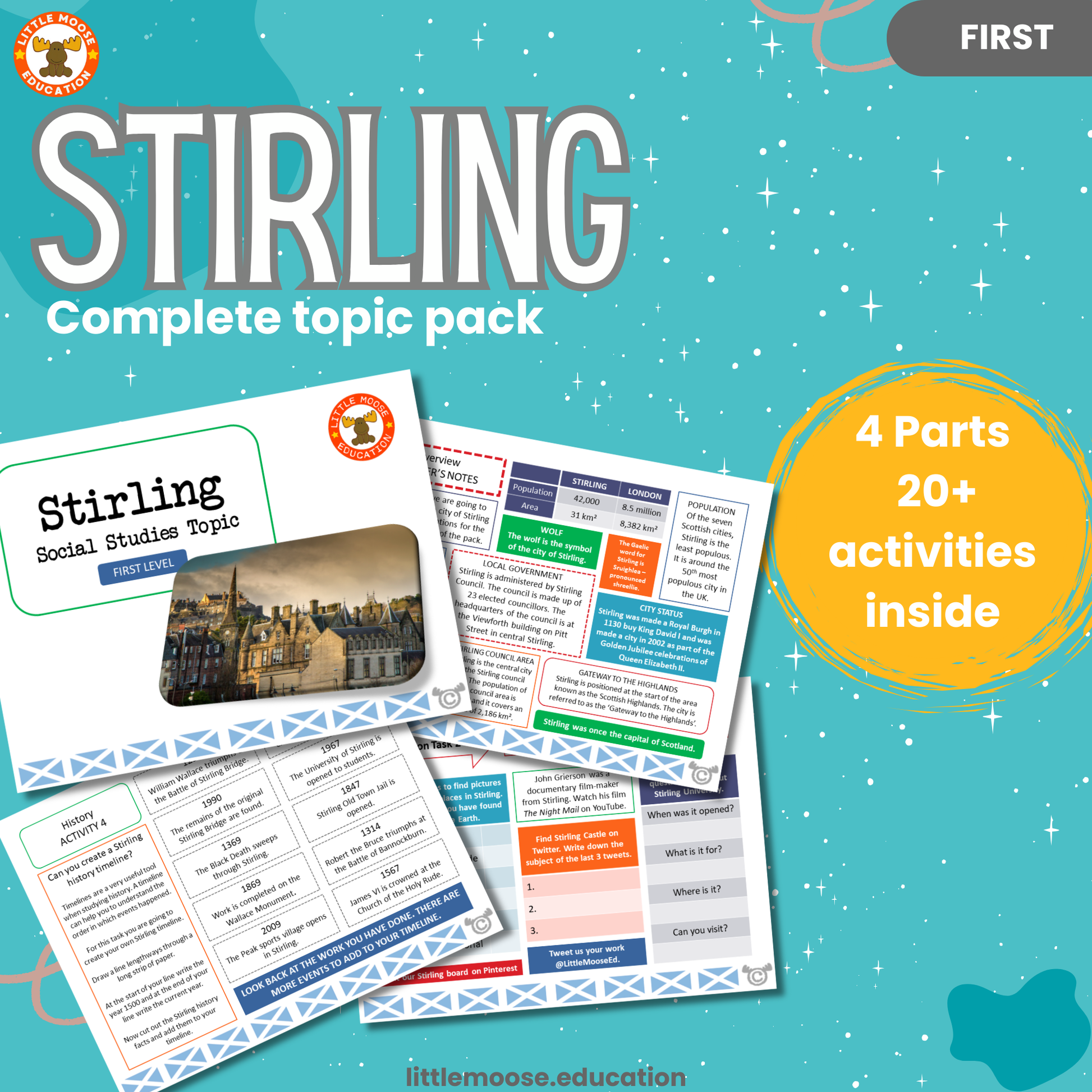 Stirling complete digital topic pack for Social Studies at First Level, Curriculum for Excellence geography education resource, with illustrated cover design and sample activity pages showing activities, teacher’s notes, assessments, and extension tasks.