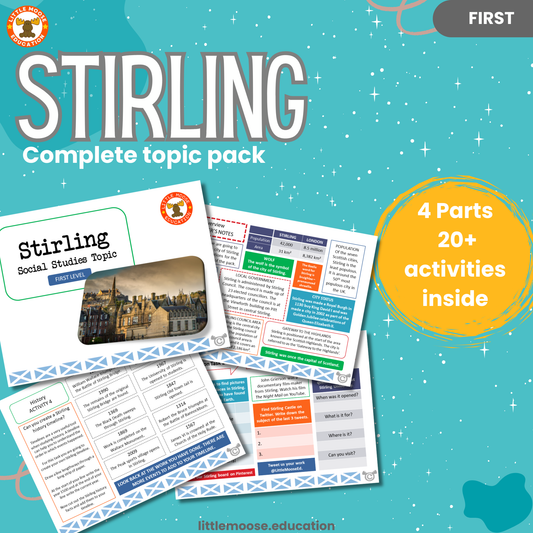 Stirling complete digital topic pack for Social Studies at First Level, Curriculum for Excellence geography education resource, with illustrated cover design and sample activity pages showing activities, teacher’s notes, assessments, and extension tasks.