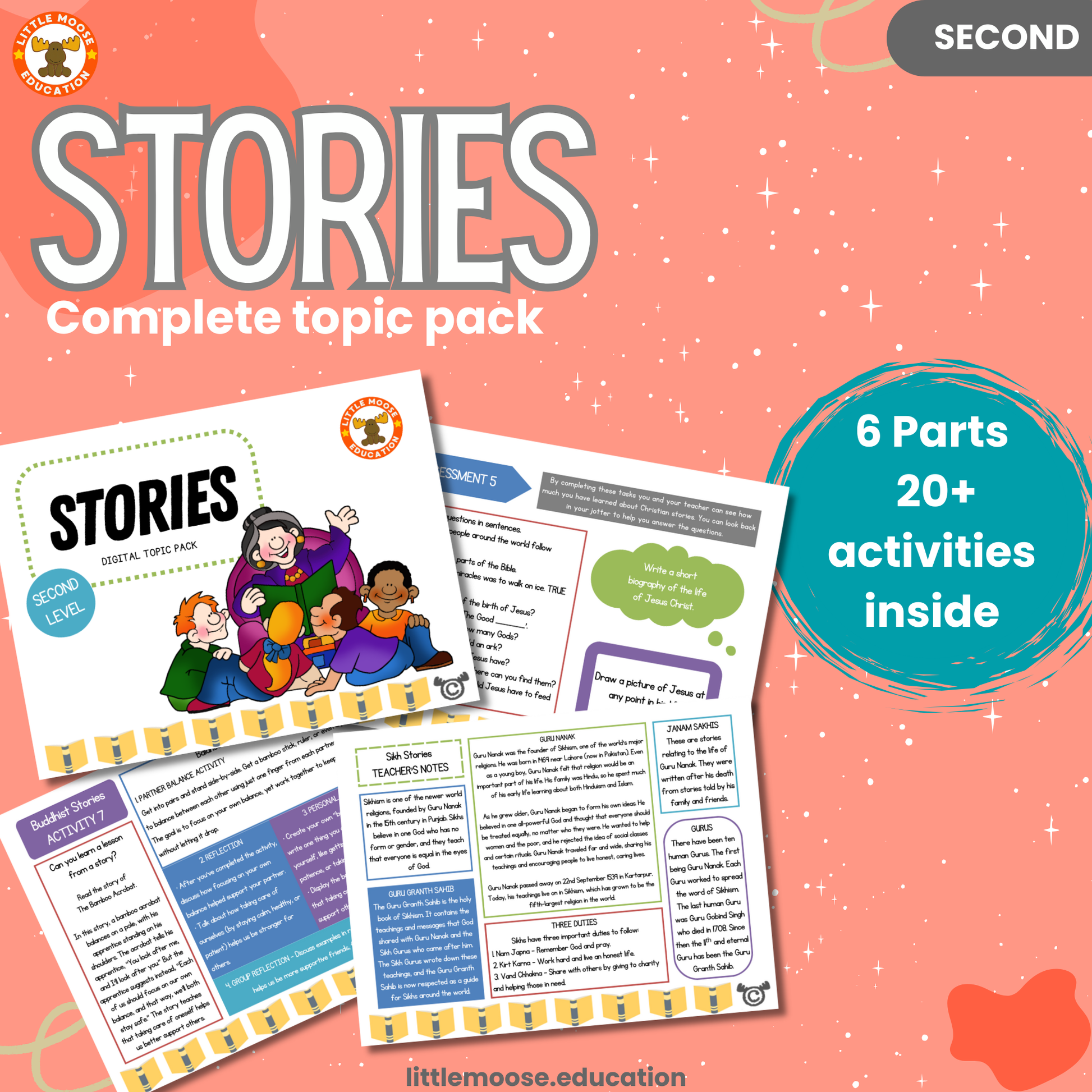 Stories complete digital topic pack for RME at Second Level, Curriculum for Excellence religion education resource, with illustrated cover design and sample activity pages showing activities, stories, teacher’s notes, assessments, extension tasks, and outcomes.