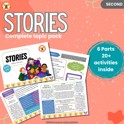 Stories complete digital topic pack for RME at Second Level, Curriculum for Excellence religion education resource, with illustrated cover design and sample activity pages showing activities, stories, teacher’s notes, assessments, extension tasks, and outcomes.