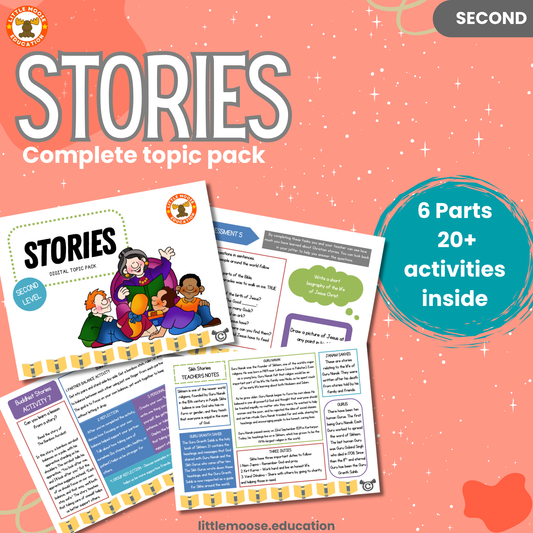Stories complete digital topic pack for RME at Second Level, Curriculum for Excellence religion education resource, with illustrated cover design and sample activity pages showing activities, stories, teacher’s notes, assessments, extension tasks, and outcomes.