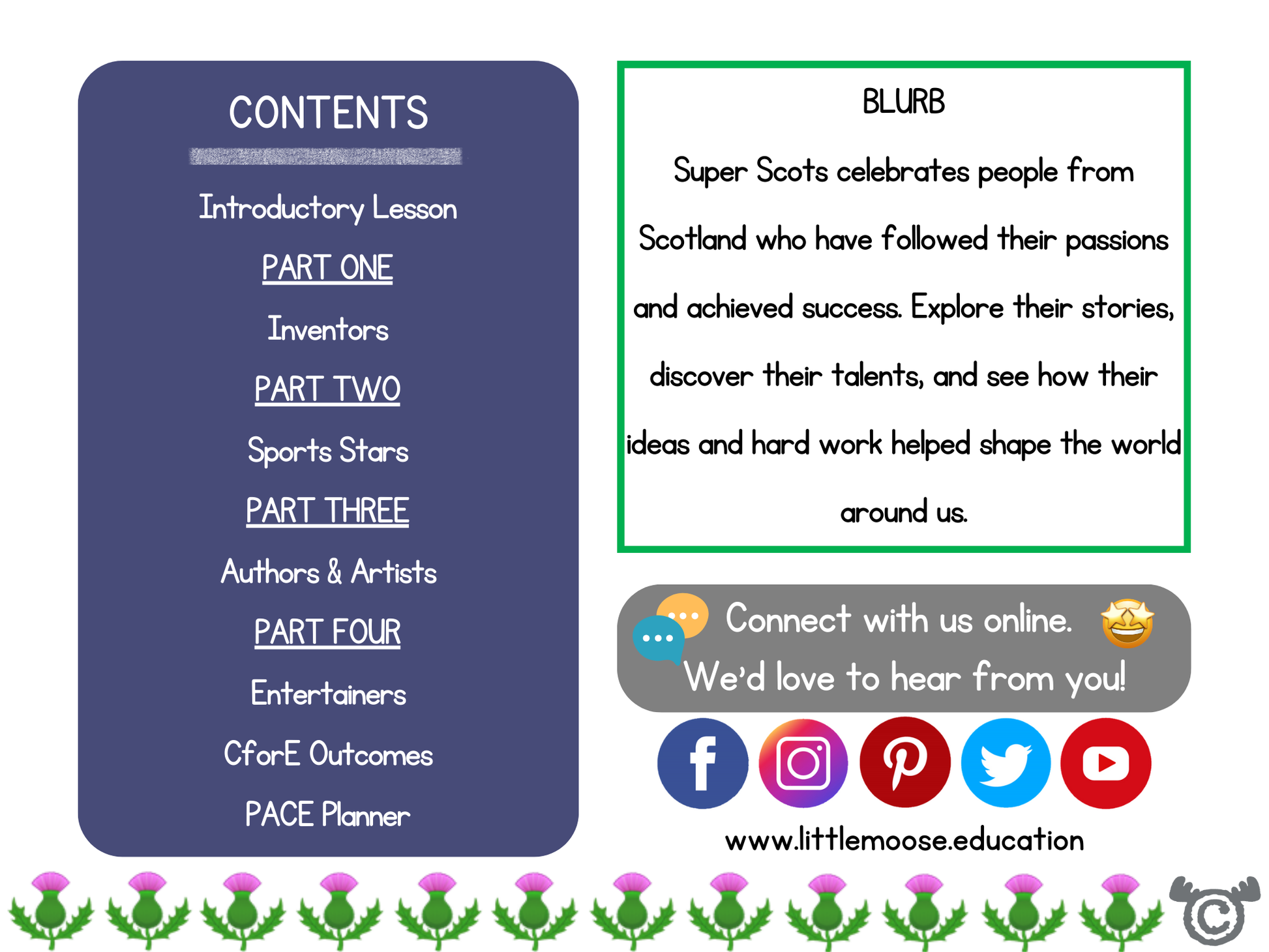Contents page preview from the Super Scots First Level topic pack showing the structure of the resource.
