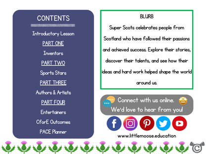 Contents page preview from the Super Scots First Level topic pack showing the structure of the resource.
