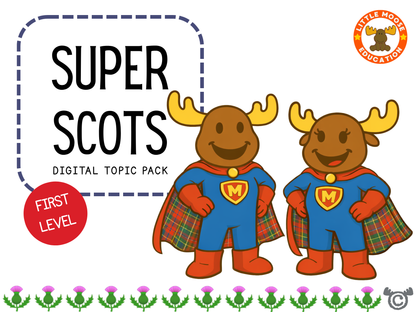 Front cover of the Super Scots First Level complete topic pack featuring Mac and Macy characters.
