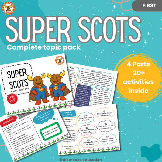 Super Scots First Level complete topic pack product cover with preview pages and 20 plus activities listed.
