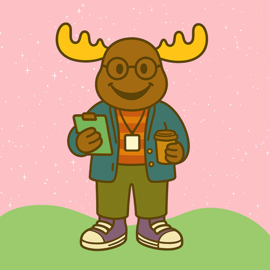 Mac the Moose dressed as a colourful, modern teacher, smiling and waving while holding a clipboard. He wears a bright striped top, smart trousers, a lanyard and green trainers. Illustration used for Little Moose Education’s annual teacher membership graphic.