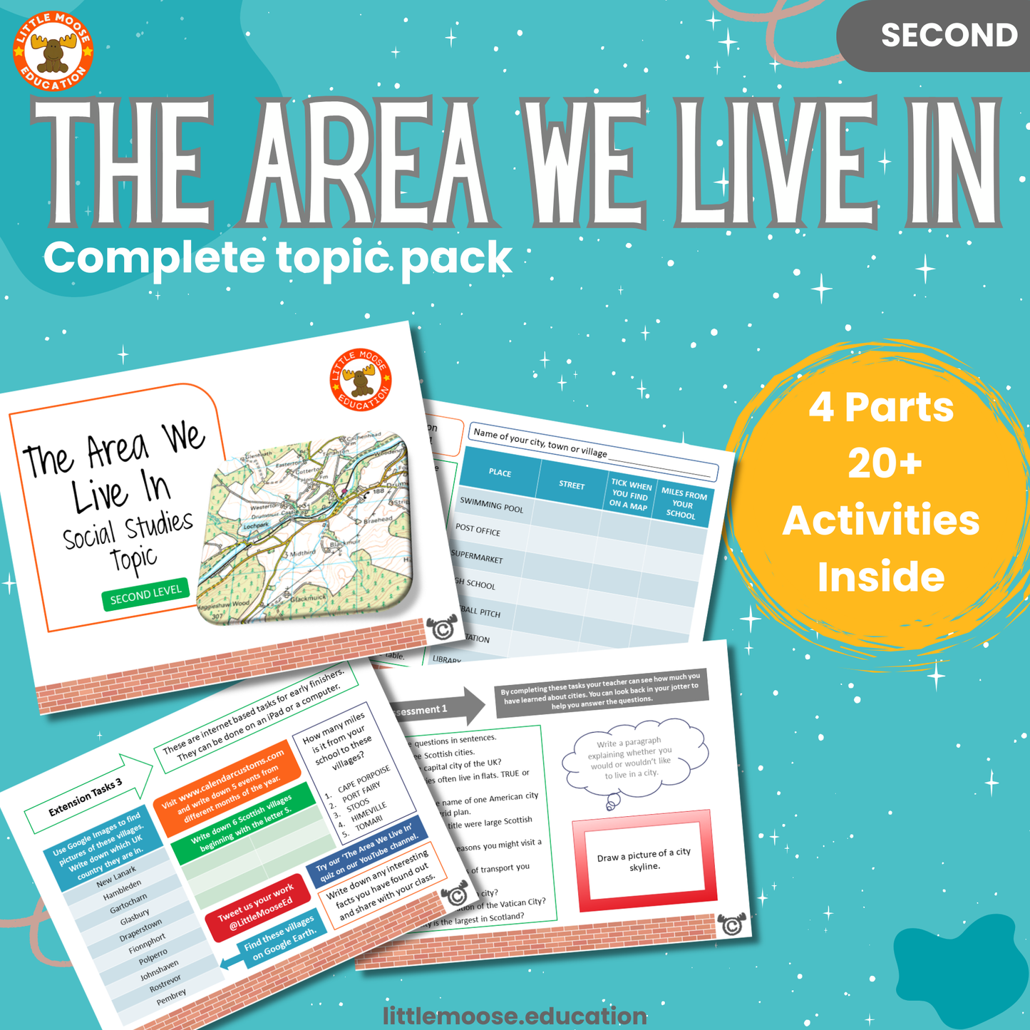 The Area We Live In complete digital topic pack for Social Studies at Second Level, Curriculum for Excellence geography education resource, with illustrated cover design and sample activity pages showing activities, teacher’s notes, assessments, and extension tasks.