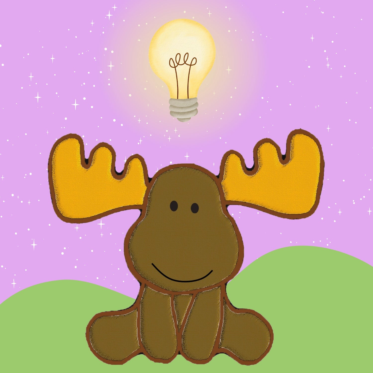 A cartoon moose with large yellow antlers sits on green hills against a lavender starry background, with a glowing light bulb floating above its head.