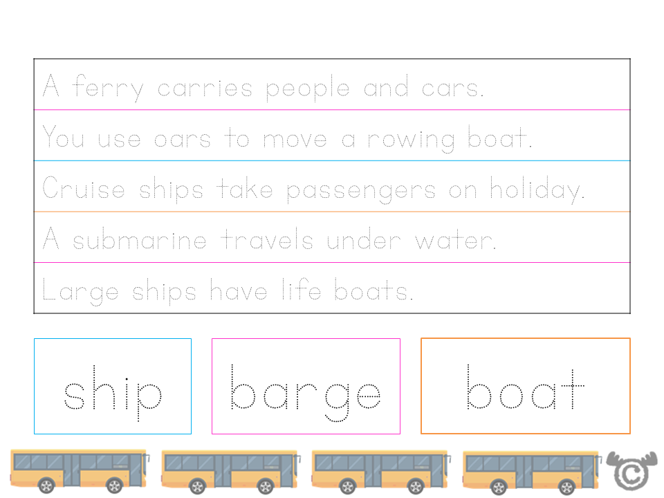 Handwriting activity from Transport Social Studies pack, Early Level
