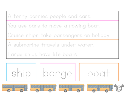 Handwriting activity from Transport Social Studies pack, Early Level